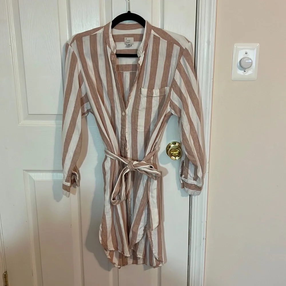 Striped neutral shirt dress tunic cover-up - Picture 1 of 3